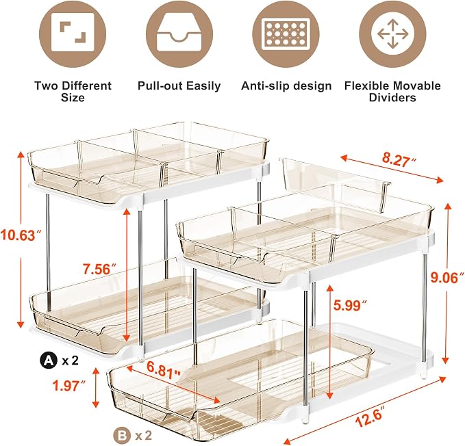 Delamu 2-Tier Multi-Purpose Bathroom Under Sink Organizers and Storage, Stackable Kitchen Pantry Organization, Pull Out Medicine Cabinet Organizer with Movable Dividers, Amber, 4 Pack - Image 2