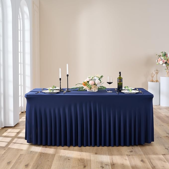 Spandex Tablecloth 8FT Rectangle Table Cover 4 Pcs Navy Blue Wrinkle-Free - Image 8