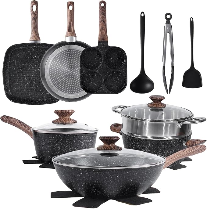 NEWBULIG 17-Piece Nonstick Cookware Set, Dishwasher Safe Non-Toxic Pots and Pans with Stay-Cool Handles, Induction Compatible Cookware, PFAS & PFOA-Free, Black by NEWBULIG
