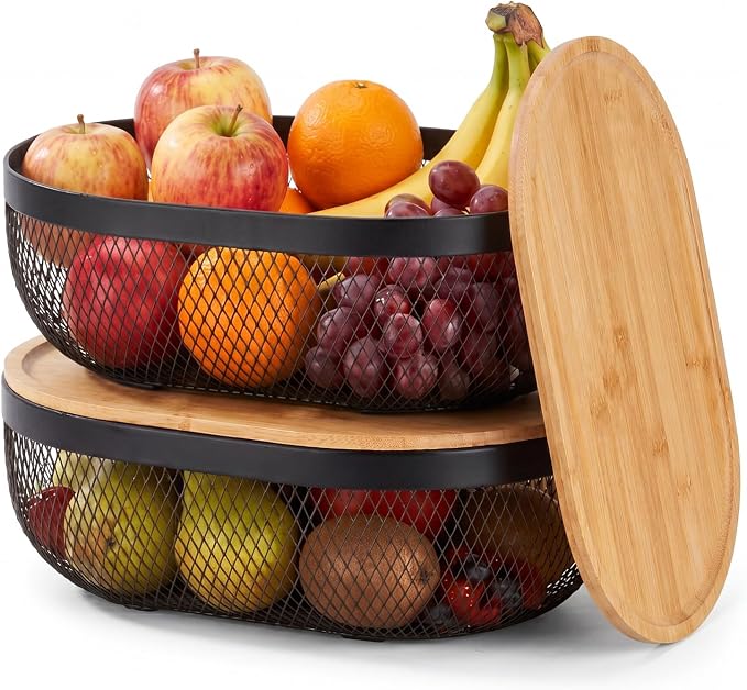 2 Pcs Oval Metal Mesh Storage Baskets with Tray Lids, Black Wire Organizer for Kitchen Countertop, Multi-functional Fruit and Bread Baskets for Home, Cabinet and Decorative Storage by Yiyiring