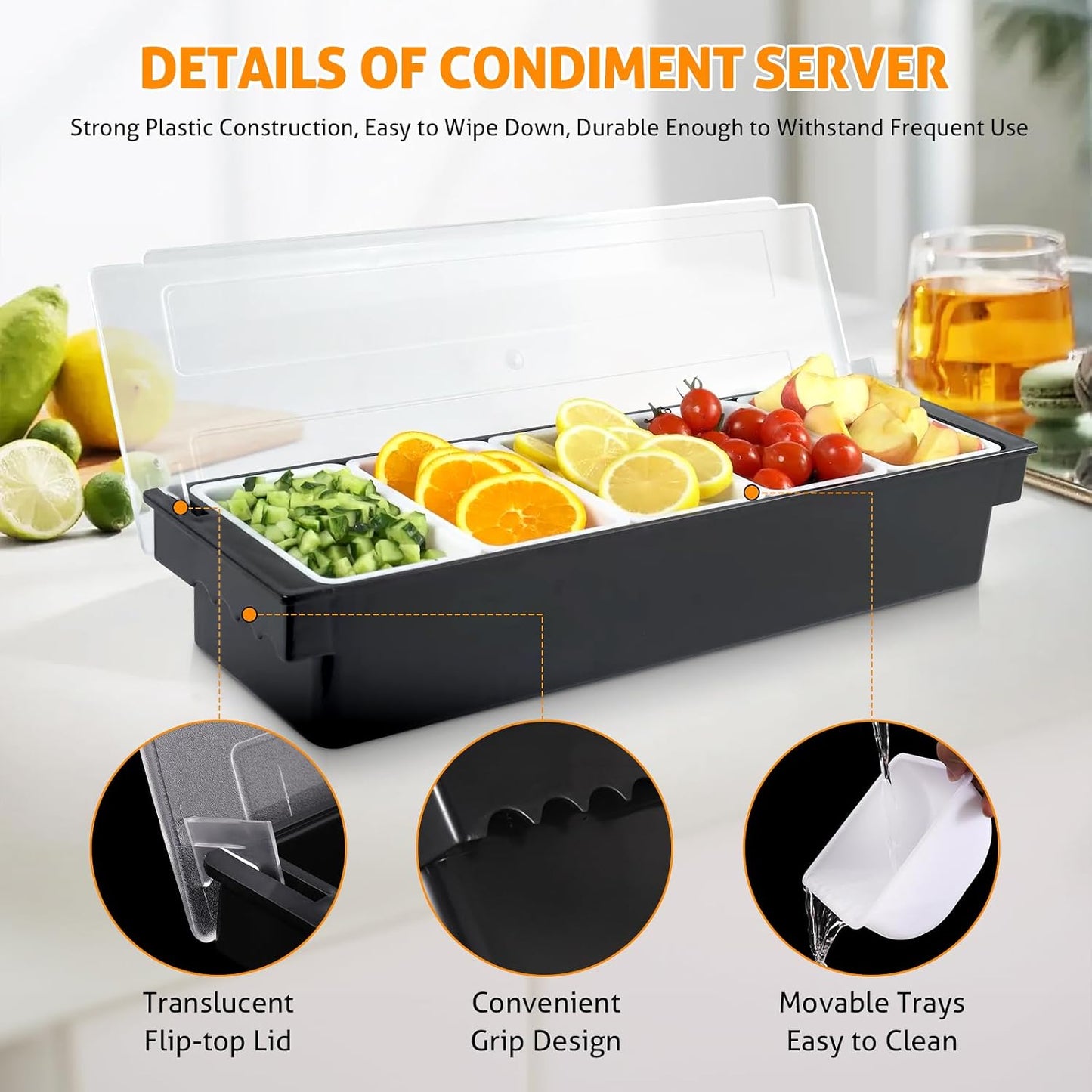 WICHEMI Fruit, Veggie & Condiment Caddy with Lid Dispenser Tray Plastic Garnish Station for Bartending & Serving Taco, Ice Cream, Salad Bar - Topping Organizer for Restaurant Supplies (5 Compartment)