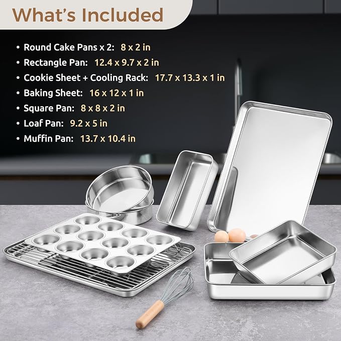 E-far 9-Piece Baking Pan Set, Stainless Steel Bakeware Sets for Sheet Cake Cookie Loaf Muffin, Include Baking Sheet, Round Square Rectangle Baking Pan & Cooling Rack, Dishwasher Safe - Image 2