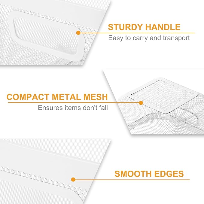 MorningRo 4 Pack Metal Mesh Basket with Hollow Handles White Wire Storage Bin for Organizing Stackable Metal Fine Mesh Basket for Pantry Bathroom Kitchen Cabinets Shelves (Medium) - Image 4