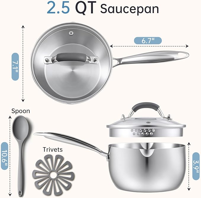 Tri-Ply Stainless Steel Sauce Pan, 2.5 Qt Saucepan with Strainer Lid - Image 2
