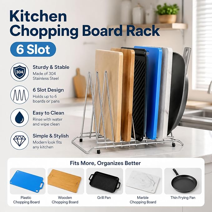 Stainless Steel Cutting Board Holder, 6-Slot Countertop Stand - Image 2