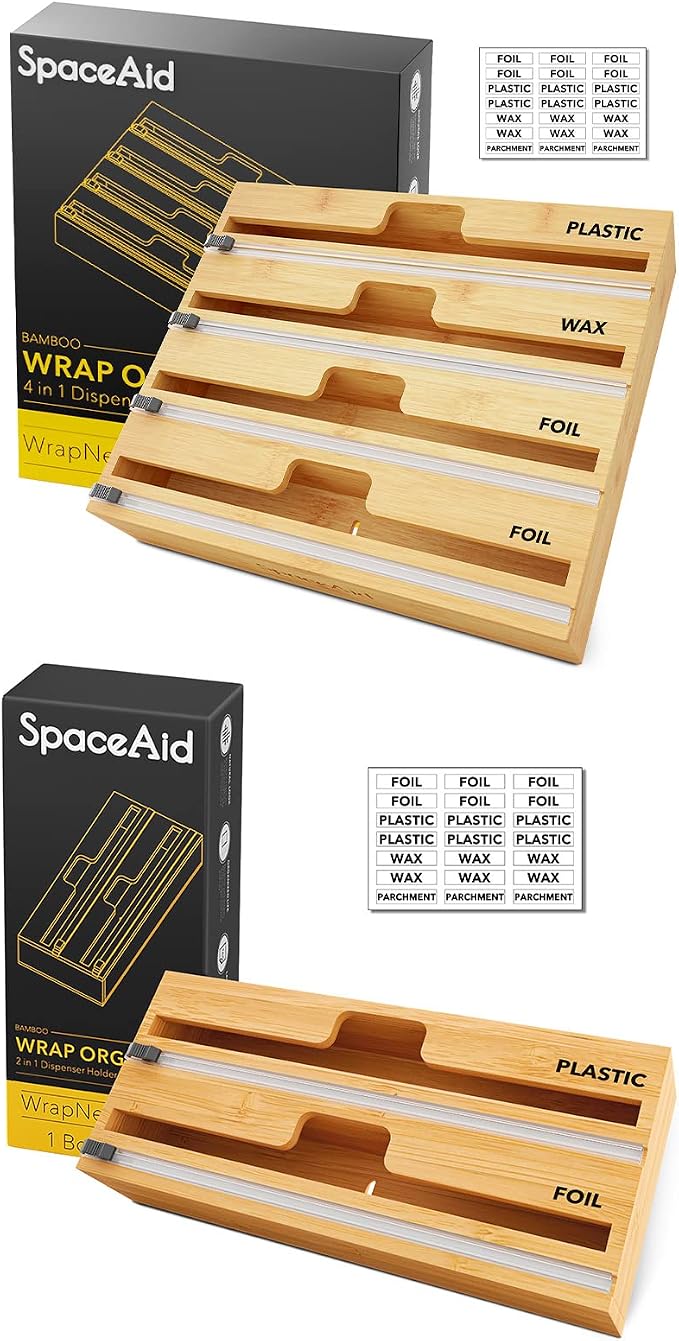 SpaceAid WrapNeat 4 in 1 Wrap Dispenser with Cutter and Labels, SpaceAid WrapNeat 2 in 1 Wrap Organizer with Cutter and Labels by SpaceAid