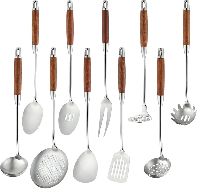 Izurok 18/10 Stainless Steel Kitchen Utensils Set,10 Piece Cooking Utensils With Wood Handle,Heat Resistant Kitchen Tool Set With Spatula,Spoon,Ladle,Skimmer,Slotted Turners,Pasta,Turner,Ladl,Fork by IzurokBuynow