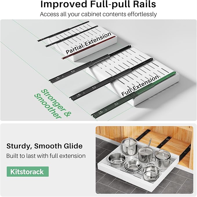 Pull out Cabinet Organizer, 2-pack, Expandable(12"-20") Heavy Duty Slide out Drawers Fixed with Adhesive Nano Film for Pots, Roll out Shelf Storage for Kitchen Base Cabinet Organization(3 Rails) - Image 5