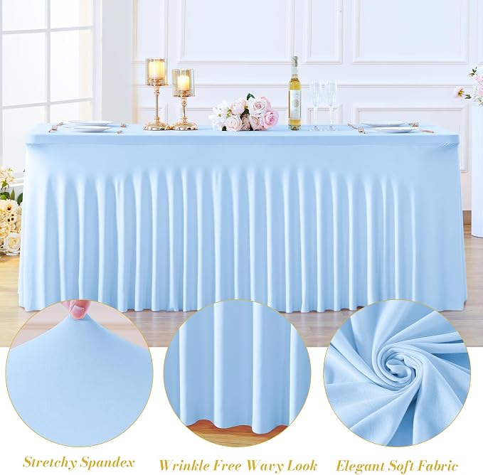 6 Pack Baby Blue Table Cloth for 8 Foot Rectangle Tables Spandex Fitted Tablecloth 8ft Stretch Table Covers Skirt Baby Blue Banquet Tablecloths Wrinkle Free Tablecloth for Party Wedding Birthday Event - Image 5