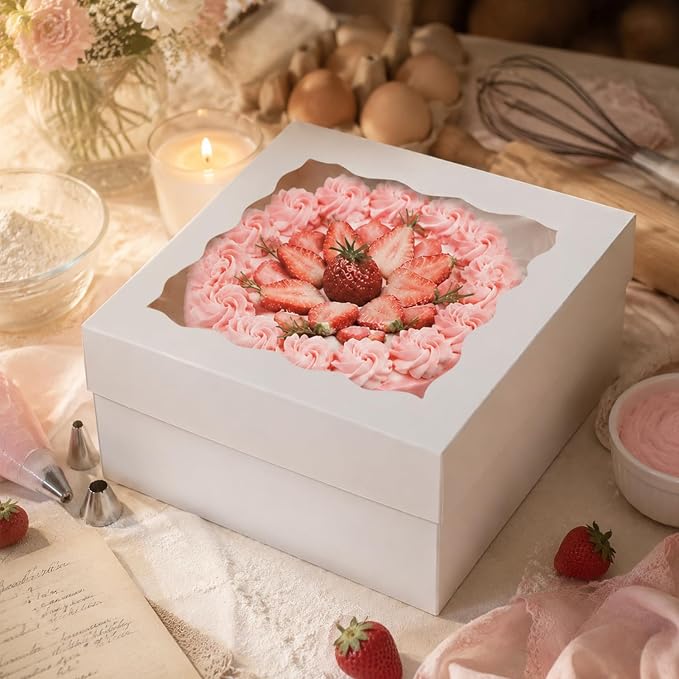 qiqee White 12x12x8 Cake Box, 4 Sets White Cake Box with Window ＆ 4 Sets 12" White Cake Round Boards, 12inch Cake Containers - Image 8