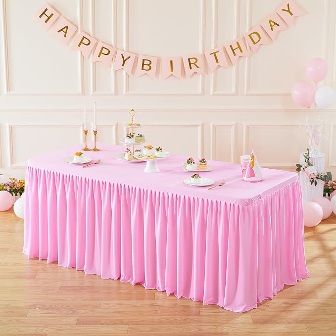 Wish Care Pink Polyester Table Clothes for 4 Foot Rectangle Tables, Wrinkle Free Fitted Table Cover with Pleated Ruffle Table Skirt for Birthday Party Wedding Trade Show Event Display - Image 2