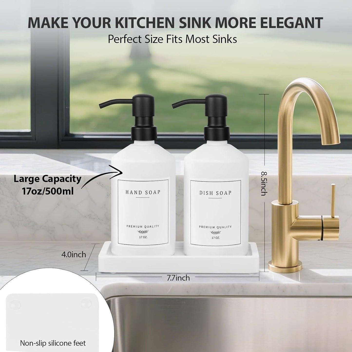 White Glass Kitchen Soap Dispenser Set, 17 OZ Hand and Dish Soap Dispenser Set with Rustproof Stainless Pump, 14 Waterproof Labels, Non-Slip Tray, Modern Bathroom Accessories(White Bottle/Black Pump)