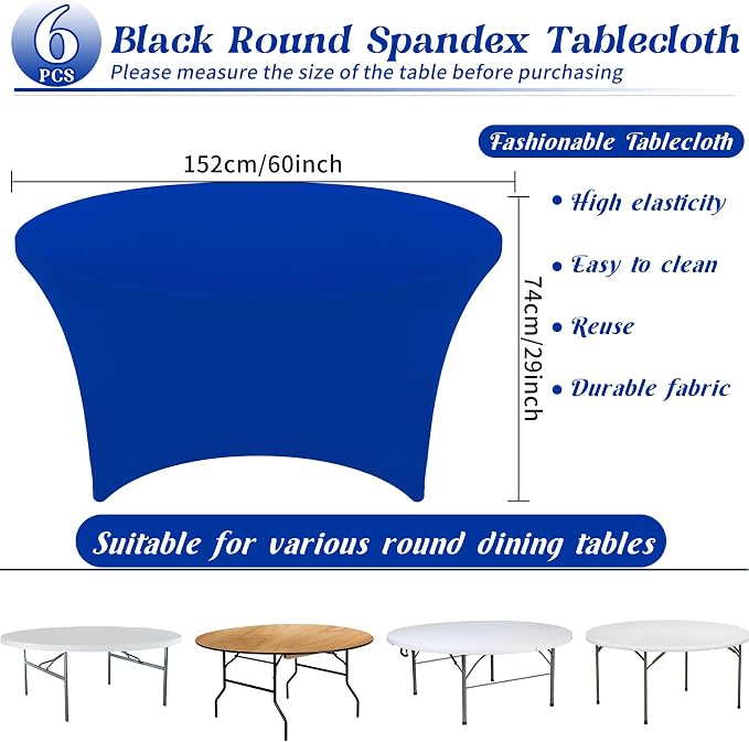 6Pcs 5FT Royal Blue Round Spandex Tablecloth 60 inch Stretchable Table Cover Tight Fit Stretch Tablecover Wrinkle Resistant Washable Table Cloth for Weddings Birthday Banquets Parties Festival - Image 2