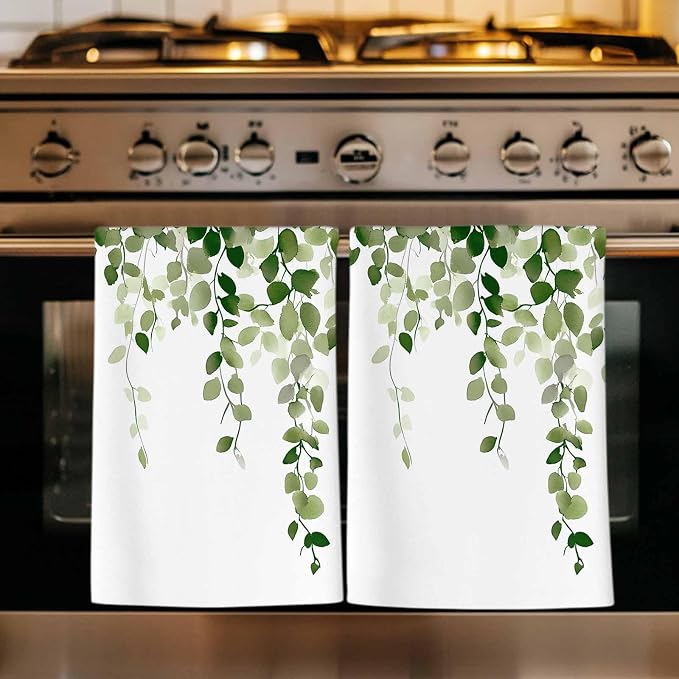 Sage Green Eucalyptus Kitchen Towels Set of 2, Absorbent Dish Towels for Kitchen, Spring Summer Botanical Plants Chic Microfiber Hand Towel, Quick Drying Tea Towel for Cleaning Decorative Dishcloths by Unknown