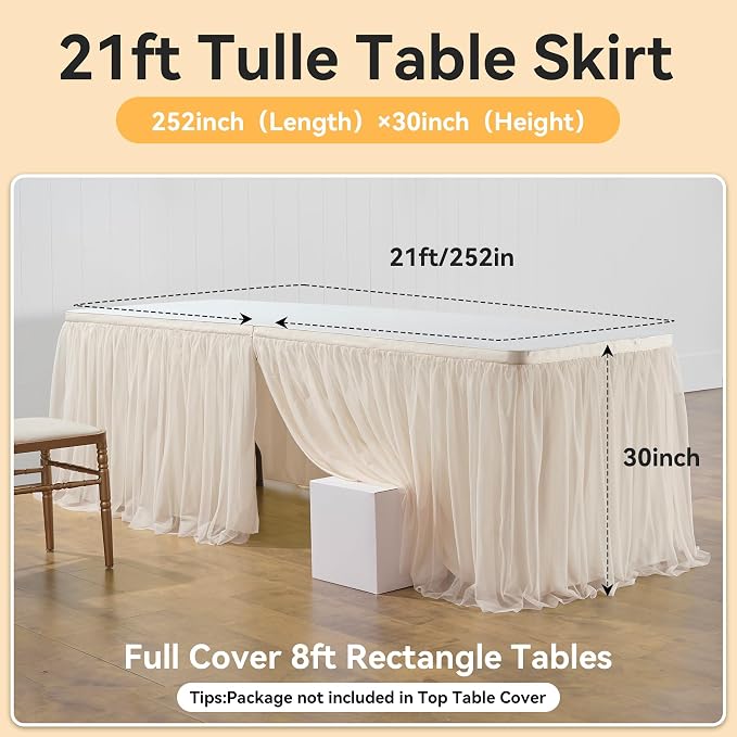 252in Champagne Gold Tulle Table Skirts for Rectangle Tables 8ft, 2-Layer Beige Ruffle Tulle Tutu Cloth Table Skirt 21ft for Wedding Party Birthday Baby Shower Cake Dessert(No Table Cover) - Image 5