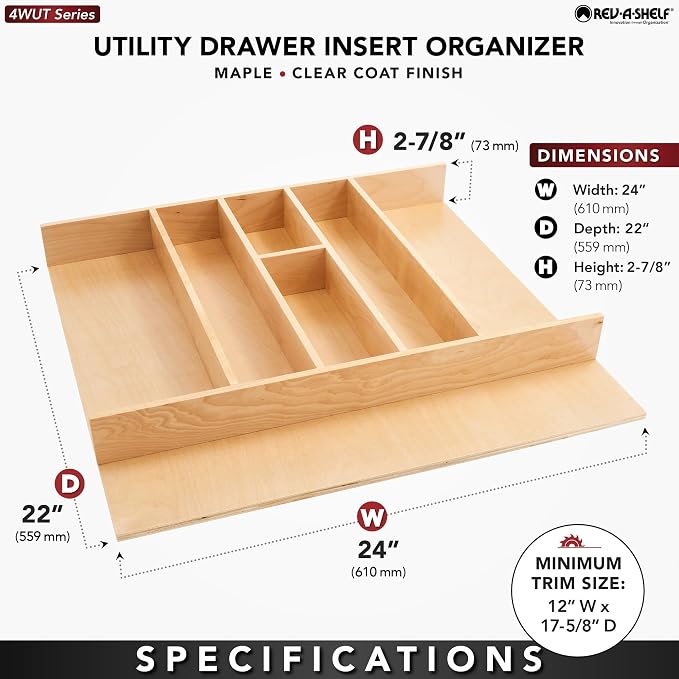 Rev-A-Shelf Trim-to-Custom-Fit Silverware Drawer Organizer For Kitchen Utensils, Cutlery Cabinet Storage Divider Insert, 23.98 x 21.97 In, Maple Wood, 4WUT-3 - Image 4
