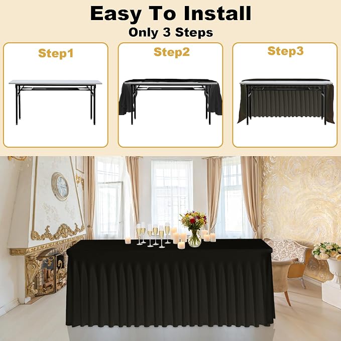 3 Pack Black Spandex Table Clothes for 6 Foot Rectangle Tables, Fitted Stretch Spandex Table Cover 6ft Black Tablecloths with Desk Skirt for Weddings Birthday Parties Banquet Baby Shower - Image 5