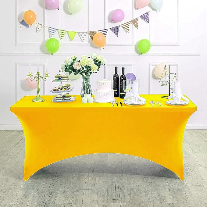MDS® Pack of 15 Spandex Tablecloth 8FT Tight Fitted Stretch Table Cover – Washable Wrinkle-Free Reusable Elastic Patio Tablecloth for Wedding, Party, Banquet, Trade Show, Event Décor - Yellow - Image 3