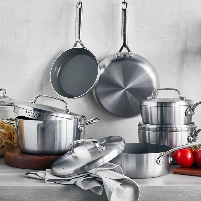 GreenPan GP5 Stainless Steel 5-Ply Healthy Ceramic Nonstick 13 Piece Cookware Pots & Pans Set, Frying Pans, Sauté, Saucepans, Stock Pot, Scratch Resistant, Induction,Dishwasher & Oven Safe, PFAS-Free - Image 2