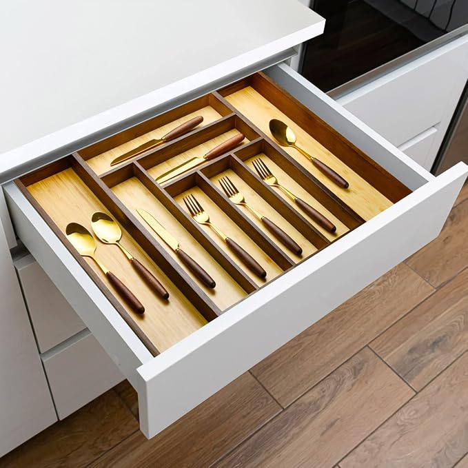 Bamboo drawer organizer, utensil holder, silverware organizer, and adjustable cutlery tray with drawer dividers, for kitchen, office desk, and bathroom storage (Vintage Brown) - Image 3