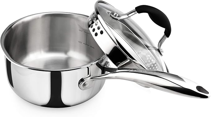 AVACRAFT Tri-Ply Stainless Steel Saucepan with Glass Strainer Lid, Two Side Spouts, Ergonomic Handle, Multipurpose Sauce Pan with Lid, Sauce Pot, Cooking Pot (Tri-Ply Full Body, 1.5 Quart) by AVACRAFT