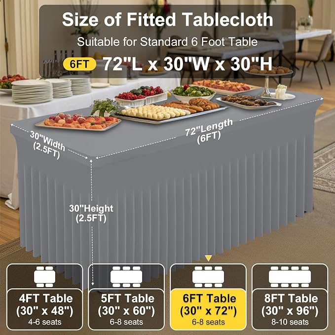 Smiry Spandex Tablecloth 6 Pack, Elastic Fitted Stretch Tablecloth for 6FT Rectangle Tables, Waterproof Washable Table Cover Skirt for Wedding, Banquet & Parties (Grey, 72Lx30Wx30H Inch) - Image 4