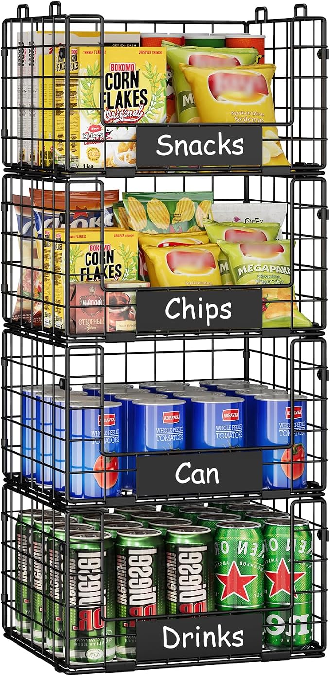 JKsmart 4 Pack XL Stackable Wire Baskets, Pantry Organizers and Storage | Pantry Baskets with Handles and Name Plates, Muti-Purpose for Snack Organizer & Vegetable Basket & Fruit Basket & Snack Rack - Image 8
