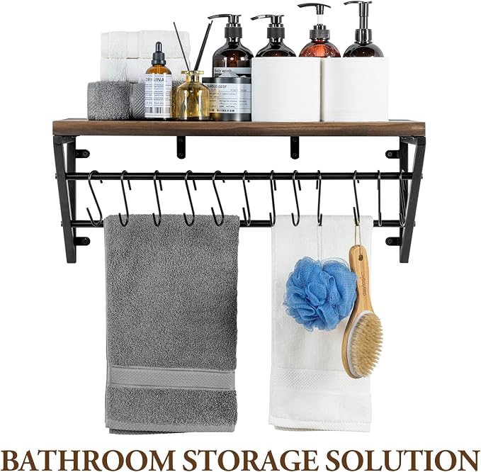 MyGift Urban Industrial Burnt Solid Wood Kitchen Floating Shelf with Black Metal Brackets for Pots and Pans with 12 S-Hooks Utensil Hanger, Wall Mounted Storage Display Shelving - Image 6