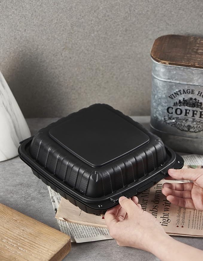 Jaluxing 8X8 3-Compartment 50-Pack Plastic Clamshell Takeout Food Trays Heavy Duty Togo Disposable Box Carryout Meal Prep Packaging Catering Hinged Containers With Secure Snap Lid (Formerly FULING) - Image 6