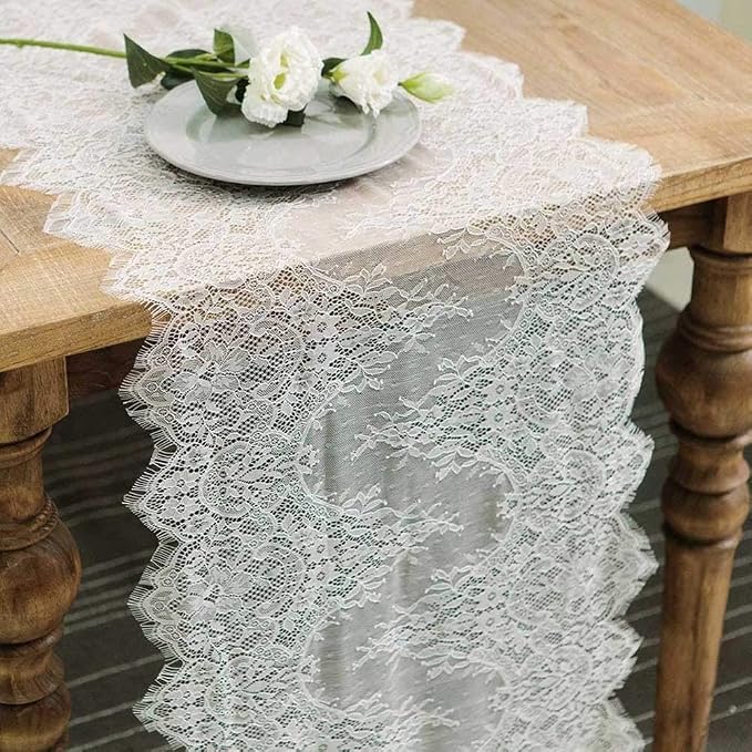 Hooqict 20 Pack White Lace Table Runner 14 x 120 Inch Boho Ivory Lace Table Runner for Rustic Wedding Party Reception Dinner Table Decorations Baby Shower Bridal Shower Embroidered Table Runners by Hooqict