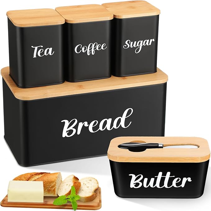 Domensi Metal Bread Box and Ceramic Butter Dish with 3 Airtight Kitchen Canisters Farmhouse Storage Canister Set for Kitchen with Bamboo Cutting Board Lid and Stainless Steel Butter Knife(Black) by Domensi