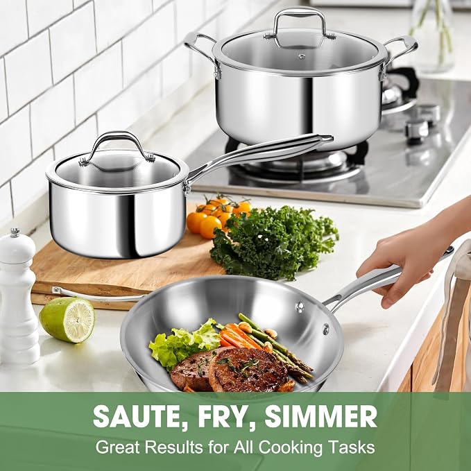 EWFEN 3 Ply Stainless Steel 11-Piece Cookware Set with Lids, Pots and Pans Kitchen Set, Non-Toxic, Induction, Oven, Dishwasher Safe, Professional Chef Quality - Image 4