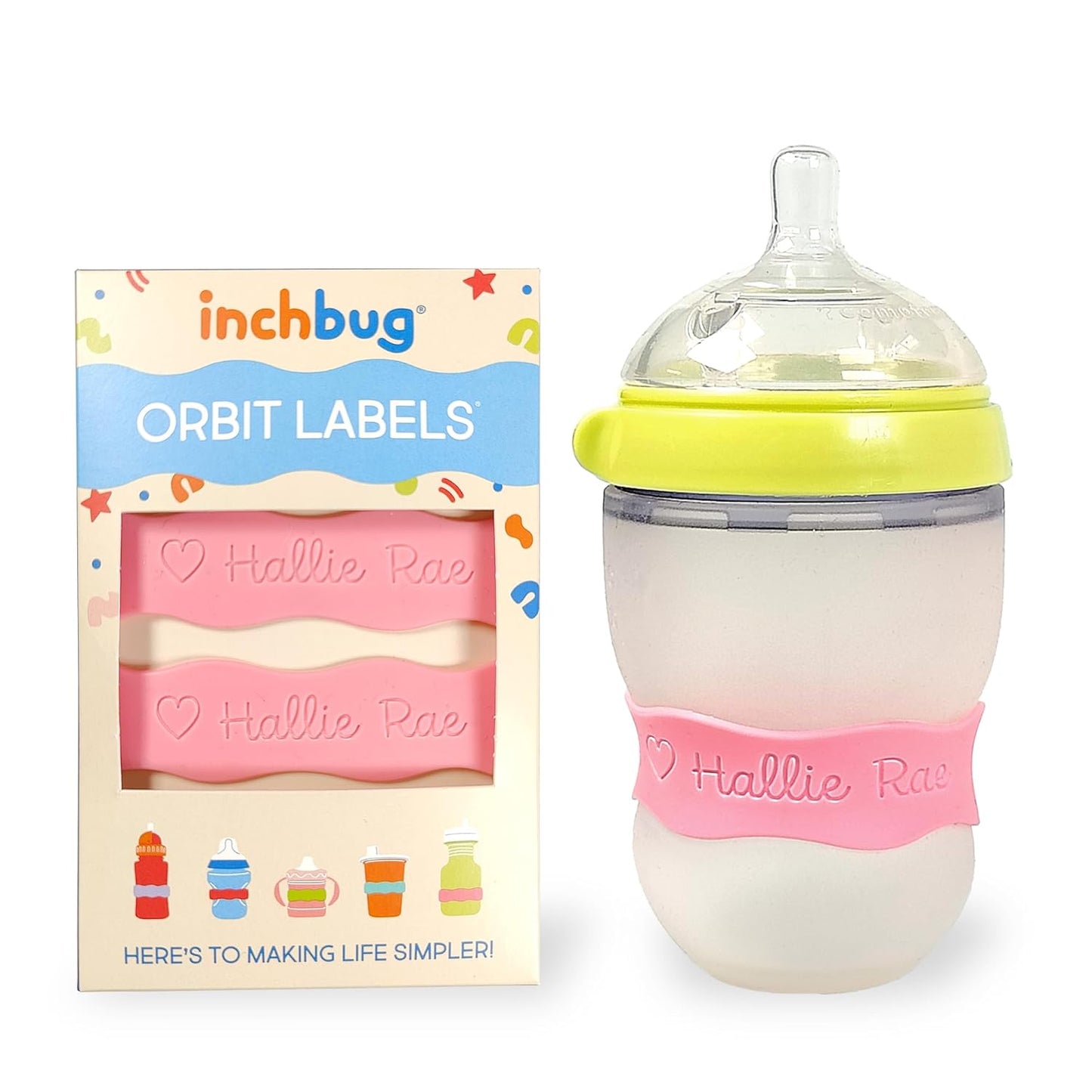 InchBug Orbit Labels - Baby Bottle Name Labels for Daycare, Sippy Cup Bands - Engraved Silicone, Reusable, Dishwasher Safe, Matching Color Personalization, 4-Pack (Bubblegum Pink)