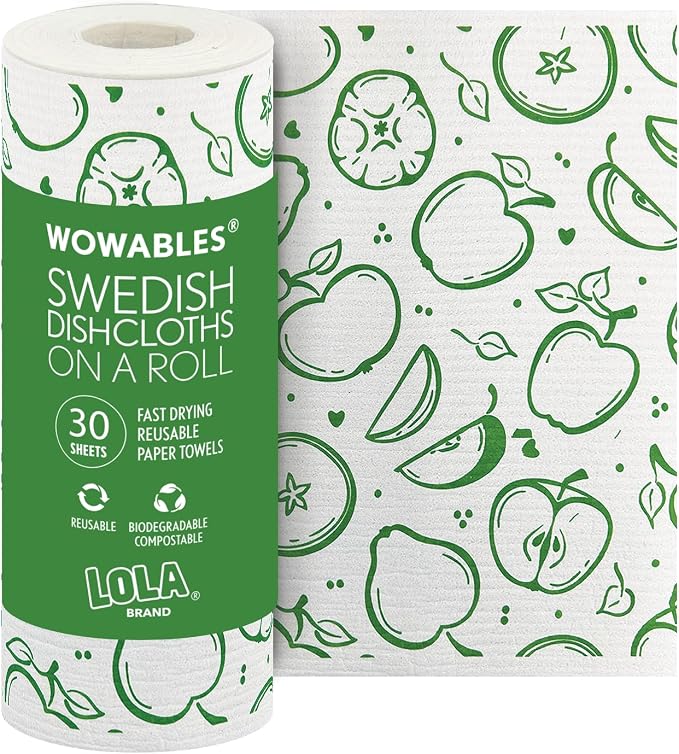 LOLA Swedish Dishcloths XL on a Roll, 30 Sheets, Fruit Pattern, Perforated Tear-Off 11" x 10" Sheets w/Hook, Reusable Absorbent Unpaper Towels Cellulose Sponge Cloth Biodegradable Made in Germany by LolaProducts