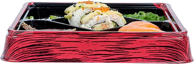 Restaurantware Bento Tek 18.6 Ounce Meal Prep Containers, 50 Disposable To Go Food Boxes - Lids Sold Separately, 5 Compartments, Red And Black Plastic Bento Lunch Boxes, Freezable, For Take Out - Image 9