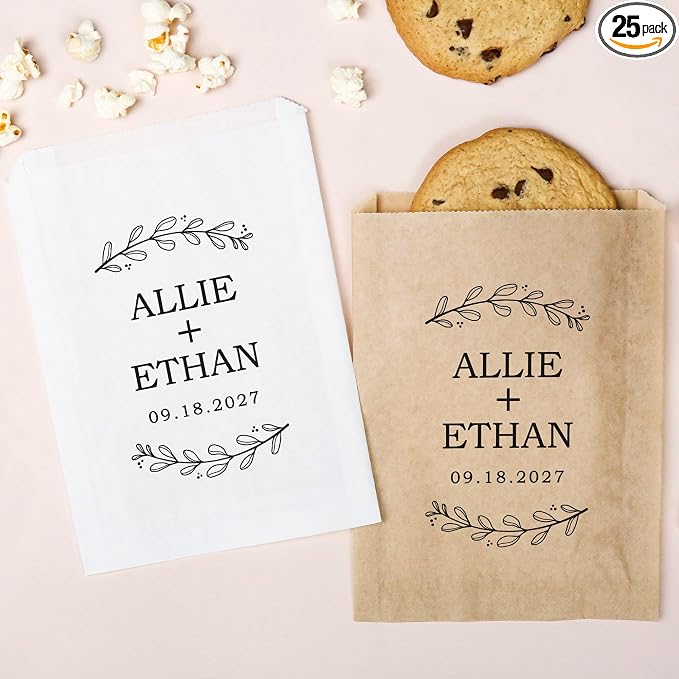 Big Dot of Happiness Personalized Rustic Leaves Paper Treat Bags, Custom Wedding Party Individual Candy Snack Favors, Greaseproof Kraft Brown Sandwich Cookie Bags - 25 Count by BigDotofHappiness