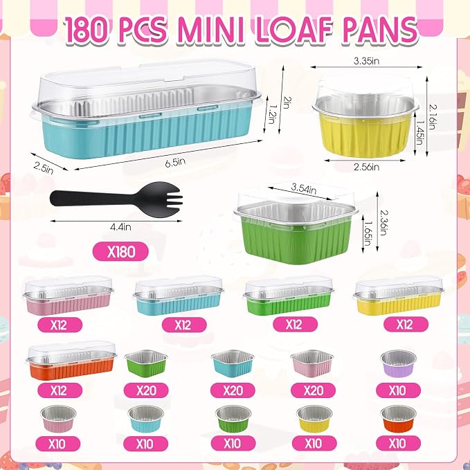 Blushtier 180 Set/360 Pcs Mini Loaf Pans with Lids and Spoons Disposable Mini Cake Pans, 6.8, 5, 4.2 oz Square Rectangle Round Aluminum Foil Cupcake Baking Cups Dessert Liners Tins for Desserts - Image 2