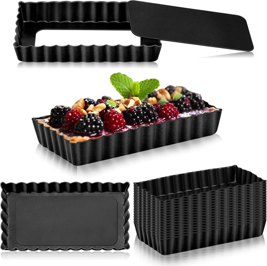 Tessco 16 Pieces Mini Tart Pans with Removable Bottom Nonstick Quiche Mini Pie Tart Pans Bakeware Mold Fluted Side for Pies(Black Rectangle,4.33 x 2.36 x 0.79 Inch)