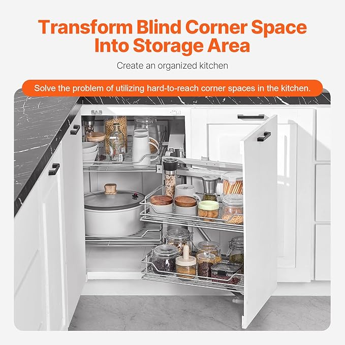 VEVOR 18" W Opening Blind Corner Pull Out Organizer, 2 Tier 4 Shelf Kitchen Cabinet Organizer, Magic Chrome Carbon Steel Storage Basket, Slide Out Storage Organizer, Left & Right Open Compatible - Image 4