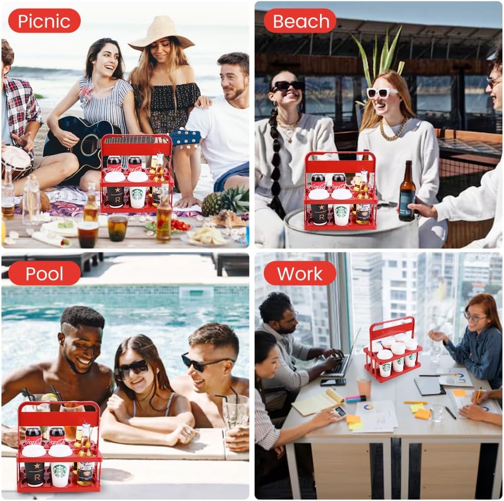 Reusable Drink Carrier with Handle for Doordash, Eats, Grubhub, Portable Cup/Coffee Holder Accessories for Delivery, Foldable Drinks Caddy with Tray, Car Durable Plastic Festive Bottle, Vacation