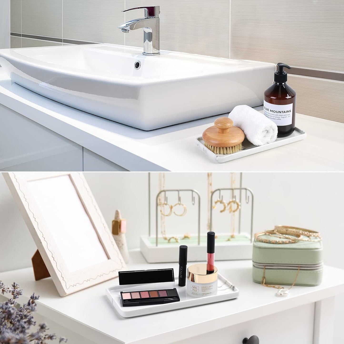 Gurygo 10" Bathroom Tray for Counter, Ceramic Vanity Trays for Bathroom, Small Rectangle Ceramic Trays, Kitchen Soap Ceramic Tray for Kitchen Counter, (Marble White, Set/1)