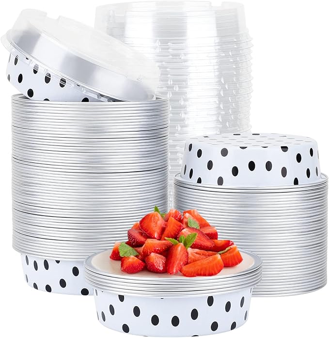 Beasea Mini Tart Pans with Lids 100 Pack, 4” 8oz Disposable Aluminum Baking Foil Tins Round Small White Black Dot Container for Individual Cupcake Dessert Muffin Ramekin Cheesecake Quiche Oven Dishes by Beasea
