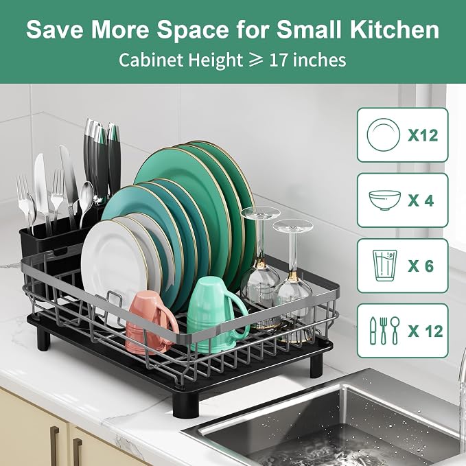 MOUKABAL Dish Drying Rack with Drainboard for Kitchen Counter, Grey - Image 4