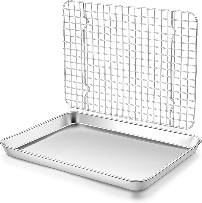 Homikit Baking Sheet with Wire Rack Set (1 Pan+1 Cooling Rack), 12" x 10" | Stainless Steel Quarter Sheet Pan with Grid Cooling Rack for Toaster Oven Roasting, Metal Bacon Cookie Trays with Baking Rack by Homikit