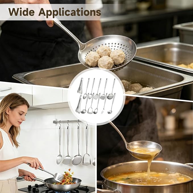 12 Pcs Stainless Steel Cooking Utensil Set - Wok Spatula, Soup Ladle, Slotted Spoon, Pasta Server, Rice Spoon, Frying Spatula Turner, Tongs 9 inch & 12 inch for Cooking, Baking, Serving - Image 5