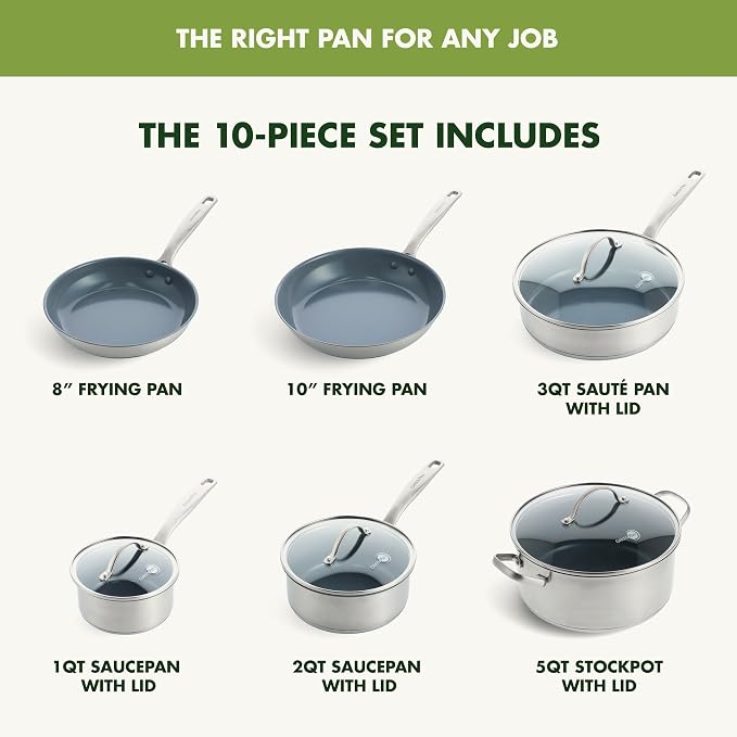 GreenPan Treviso 10 Piece Cookware Set, Non-Toxic PFAS-Free Stainless Steel Ceramic Nonstick Coating, Induction Suitable, Pots, Pans Lids, Sauté & Saucepans, Multi Clad, Dishwasher & Oven Safe - Image 6