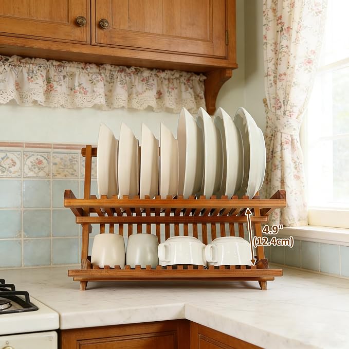 Utoplike Teak Wood Dish Drying Rack, Foldable Plate Organizer Countertop - Image 3