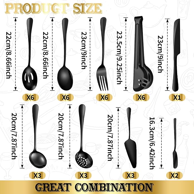 36-Piece Stainless Steel Serving Utensil Set – Complete Buffet Essentials with Spoons, Forks, Tongs, Ladle & More. Perfect for Wedding, Holiday, Catering, and Family Gatherings (Black) - Image 2