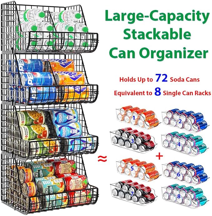Stackable Soda Can Organizer Stores Up to 72 Cans, 4-Pack Can Storage Organizer for Pantry Shelves, 4-Tier Kitchen Can Holders with 4 Adjustable Dividers, Wire Drink Organizer for Pantry Cabinet Shelf - Image 2