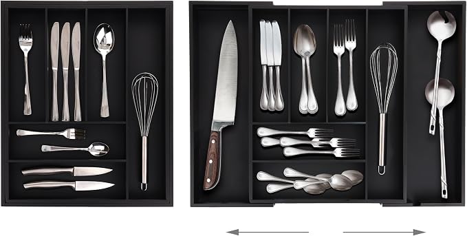 Relaxdays Extendable Cutlery Tray, Bamboo, 6-8 Compartments, HWD: 6.5 x 35-58 x 43.5 cm, Kitchen Drawer Insert, Black, Fibreboard, 6.5 x 35 x 43.5 cm - Image 3